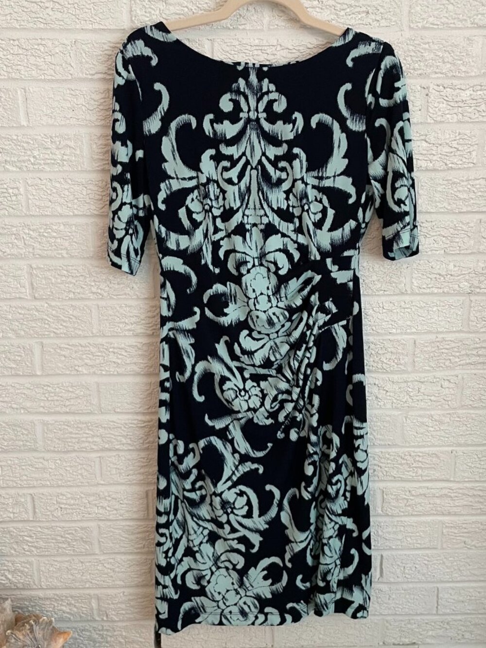 Connected Apparel Navy/Aqua boatneck dress with side rouching